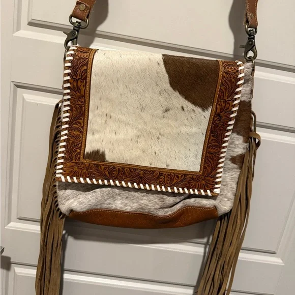 Brown and White Cowhide Fringe Crossbody Myra Bag - Picture 3 of 8
